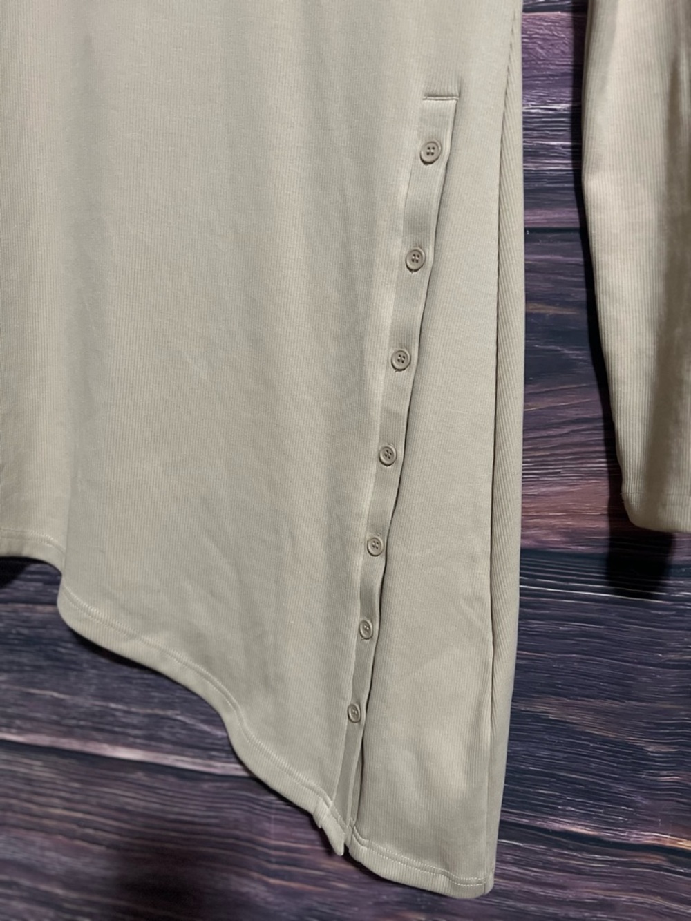 Asymmetrical Beige Long-Sleeve Knit Dress with Side Button Detail - Picture 6 of 16